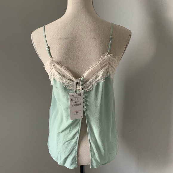NWT Zara seafoam green and cream lace camisole size: S - Picture 4 of 7